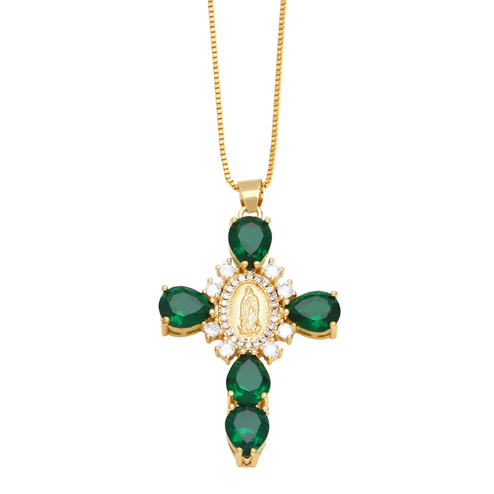 Green and Gold Maria Cross Necklace