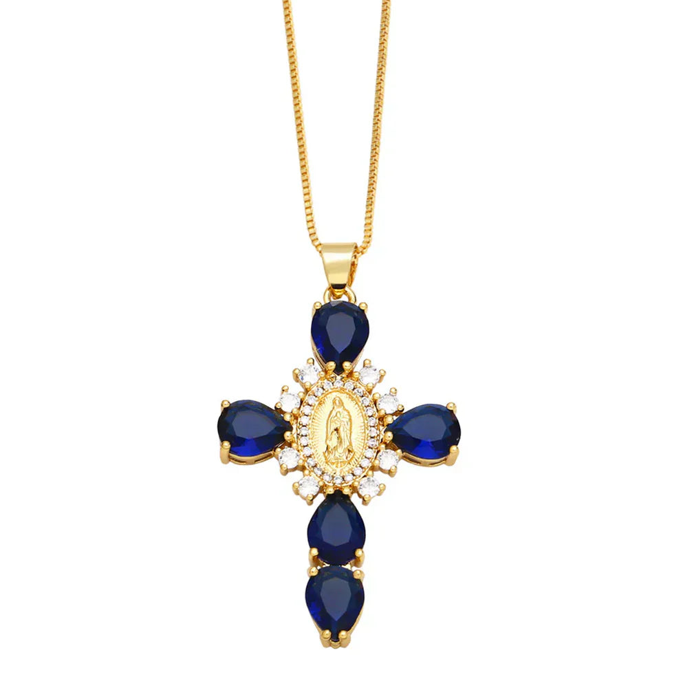Blue and Gold Maria Cross Necklace