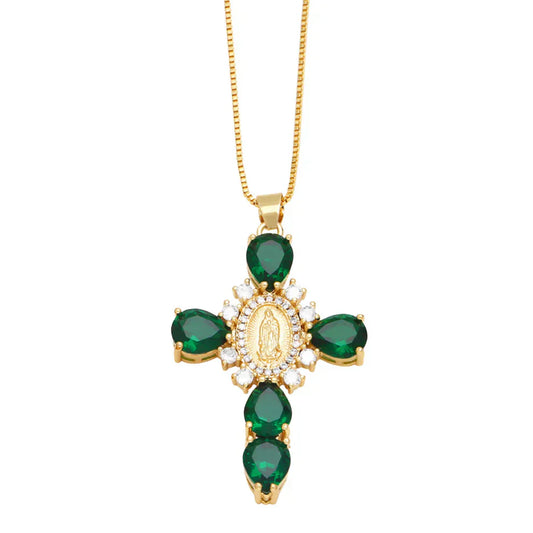 Green and Gold Maria Cross Necklace