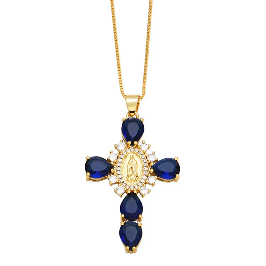 Blue and Gold Maria Cross Necklace