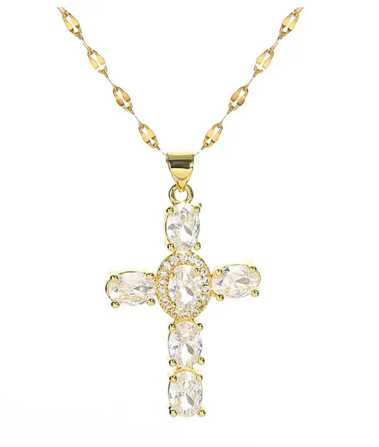 Gold-tone cubic zirconia cross necklace